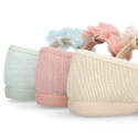 Linen Cotton canvas Girl Mary Jane shoes for Ceremony with buckle fastening with flowers.