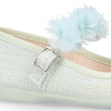 Linen Cotton canvas Girl Mary Jane shoes for Ceremony with buckle fastening with flowers.