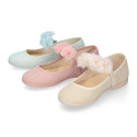 Linen Cotton canvas Girl Mary Jane shoes for Ceremony with buckle fastening with flowers.