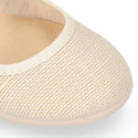 Linen Cotton canvas Girl Mary Jane shoes for Ceremony with buckle fastening with flowers.