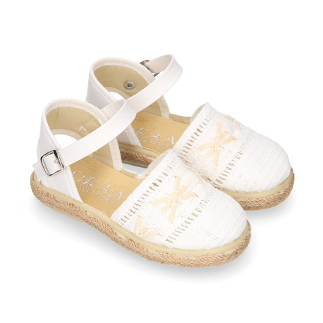 White cotton canvas little girl espadrille shoes with lace design.