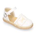 White cotton canvas little girl espadrille shoes with lace design.