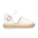 White cotton canvas little girl espadrille shoes with lace design.