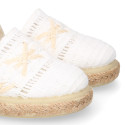 White cotton canvas little girl espadrille shoes with lace design.