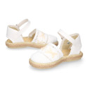 White cotton canvas little girl espadrille shoes with lace design.