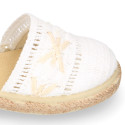 White cotton canvas little girl espadrille shoes with lace design.