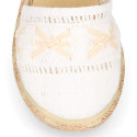 White cotton canvas little girl espadrille shoes with lace design.