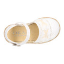 White cotton canvas little girl espadrille shoes with lace design.