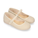 Ivory linen canvas Girl Mary Jane shoes with hook and loop strap closure and button.