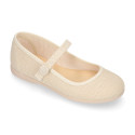 Ivory linen canvas Girl Mary Jane shoes with hook and loop strap closure and button.