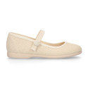 Ivory linen canvas Girl Mary Jane shoes with hook and loop strap closure and button.