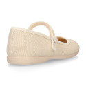 Ivory linen canvas Girl Mary Jane shoes with hook and loop strap closure and button.