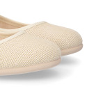 Ivory linen canvas Girl Mary Jane shoes with hook and loop strap closure and button.