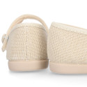 Ivory linen canvas Girl Mary Jane shoes with hook and loop strap closure and button.