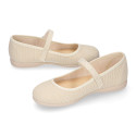 Ivory linen canvas Girl Mary Jane shoes with hook and loop strap closure and button.