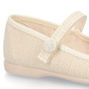 Ivory linen canvas Girl Mary Jane shoes with hook and loop strap closure and button.