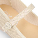 Ivory linen canvas Girl Mary Jane shoes with hook and loop strap closure and button.