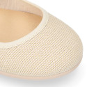 Ivory linen canvas Girl Mary Jane shoes with hook and loop strap closure and button.