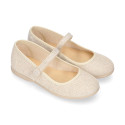 Shiny Ivory linen canvas Girl Mary Jane shoes with hook and loop strap closure and button.