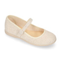 Shiny Ivory linen canvas Girl Mary Jane shoes with hook and loop strap closure and button.