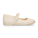 Shiny Ivory linen canvas Girl Mary Jane shoes with hook and loop strap closure and button.