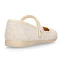 Shiny Ivory linen canvas Girl Mary Jane shoes with hook and loop strap closure and button.