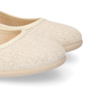 Shiny Ivory linen canvas Girl Mary Jane shoes with hook and loop strap closure and button.