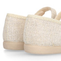 Shiny Ivory linen canvas Girl Mary Jane shoes with hook and loop strap closure and button.