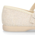 Shiny Ivory linen canvas Girl Mary Jane shoes with hook and loop strap closure and button.