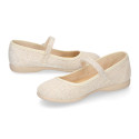 Shiny Ivory linen canvas Girl Mary Jane shoes with hook and loop strap closure and button.