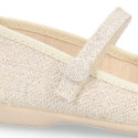 Shiny Ivory linen canvas Girl Mary Jane shoes with hook and loop strap closure and button.