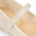 Shiny Ivory linen canvas Girl Mary Jane shoes with hook and loop strap closure and button.