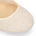 Shiny Ivory linen canvas Girl Mary Jane shoes with hook and loop strap closure and button.