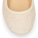 Shiny Ivory linen canvas Girl Mary Jane shoes with hook and loop strap closure and button.