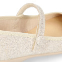 Shiny Ivory linen canvas Girl Mary Jane shoes with hook and loop strap closure and button.