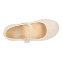 Shiny Ivory linen canvas Girl Mary Jane shoes with hook and loop strap closure and button.