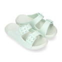 Kids Clog jelly shoes style in solid colors with buckles design.