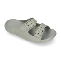 Kids Clog jelly shoes style in solid colors with buckles design.