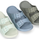 Kids Clog jelly shoes style in solid colors with buckles design.