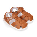 BLANDITOS kids sandal shoes laceless with crossed straps in nappa leather in tan color.