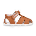 BLANDITOS kids sandal shoes laceless with crossed straps in nappa leather in tan color.