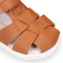 BLANDITOS kids sandal shoes laceless with crossed straps in nappa leather in tan color.