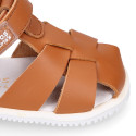 BLANDITOS kids sandal shoes laceless with crossed straps in nappa leather in tan color.
