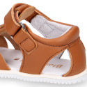 BLANDITOS kids sandal shoes laceless with crossed straps in nappa leather in tan color.