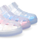 CRYSTAL Tennis style kids jelly shoes with hook and loop strap for Beach and Pool.