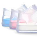 CRYSTAL Tennis style kids jelly shoes with hook and loop strap for Beach and Pool.