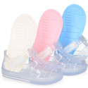 CRYSTAL Tennis style kids jelly shoes with hook and loop strap for Beach and Pool.