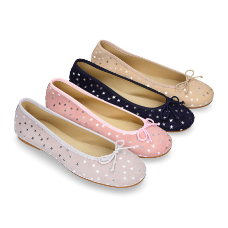 Classic suede leather ballet flat shoes with stars print.