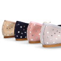 Classic suede leather ballet flat shoes with stars print.