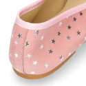 Classic suede leather ballet flat shoes with stars print.